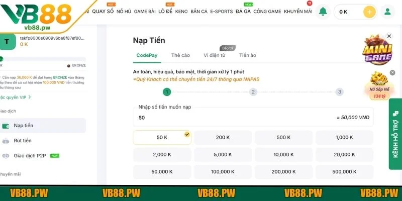Giao diện nạp tiền VB88 trên trang chủ ai cũng thực hiện được